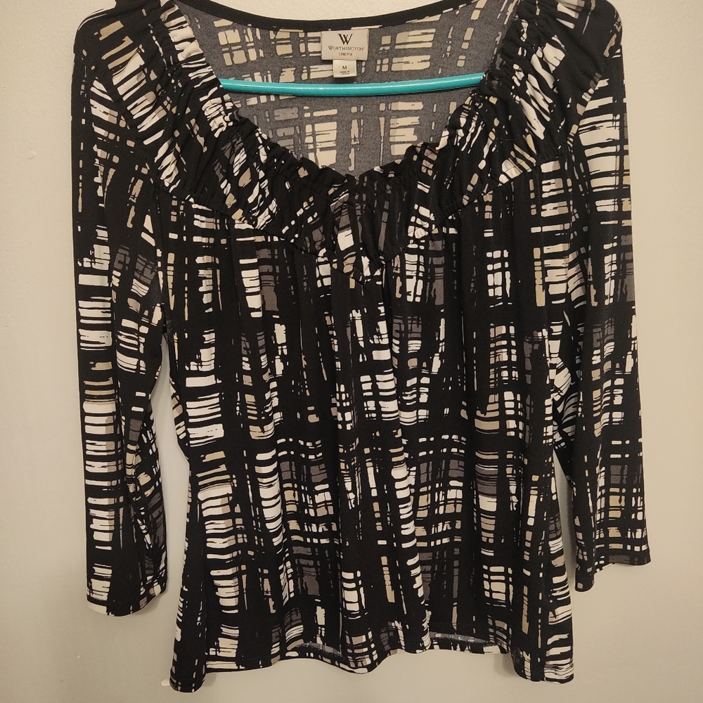 Worthington Sz M 3/4 Sleeve Top Black/White Pattern